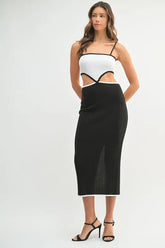 MABLE Ribbed Knit Color Block Cutout Midi Dress Black OutfitFlow